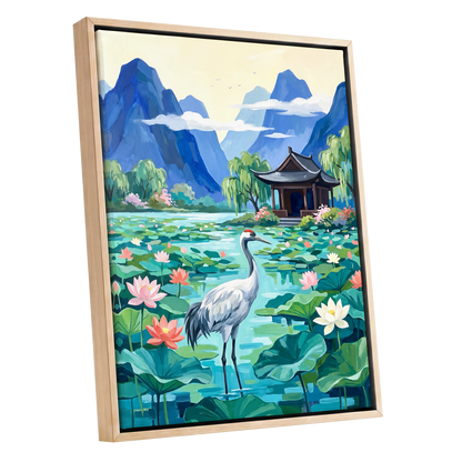 Crane Among Lotus Blooms, blue, green, pink nature wall art shown as a oak framed canvas wall art