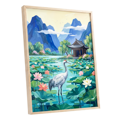 Crane Among Lotus Blooms, blue, green, pink nature wall art shown as a oak framed poster wall art print