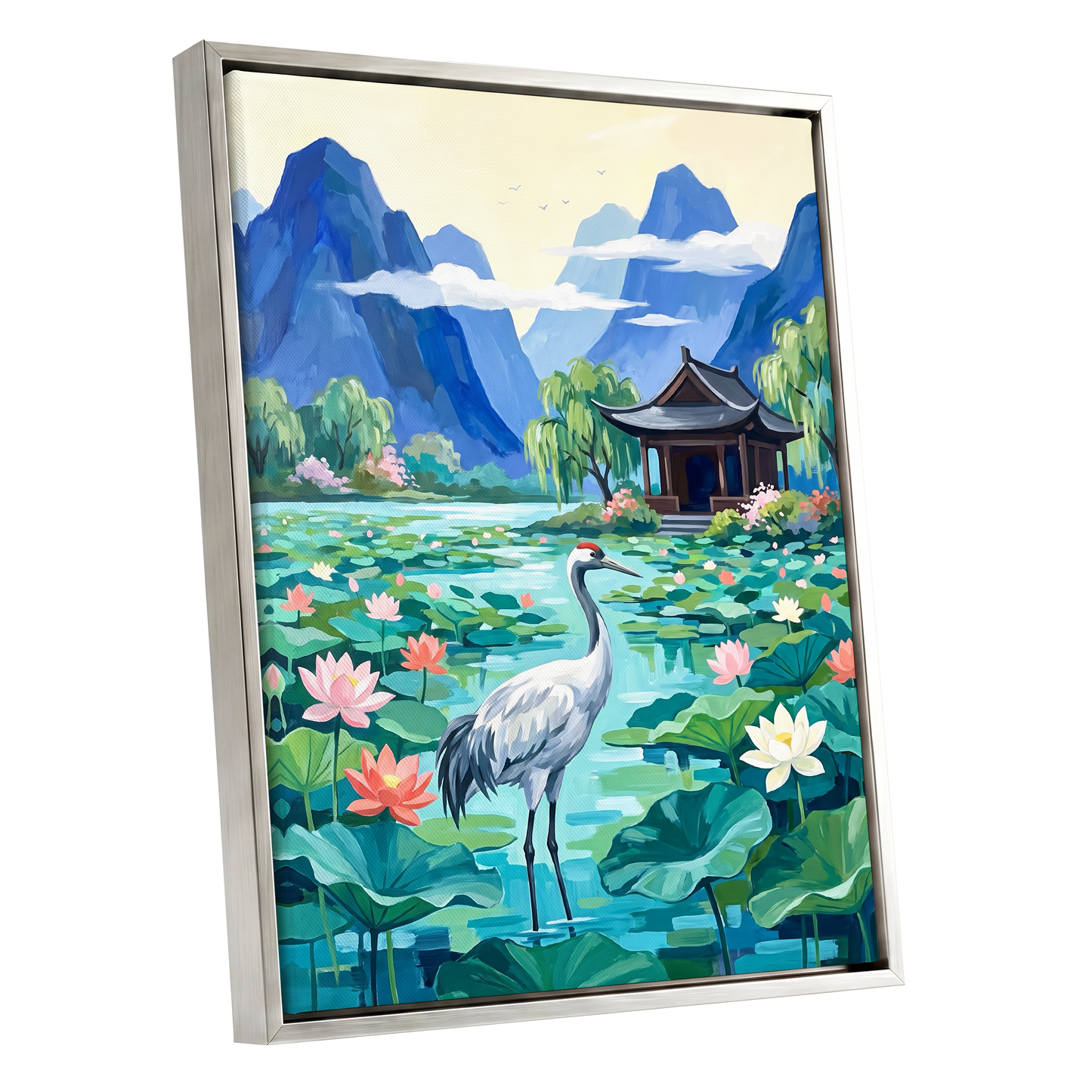 Crane Among Lotus Blooms, blue, green, pink nature wall art shown as a silver framed canvas wall art