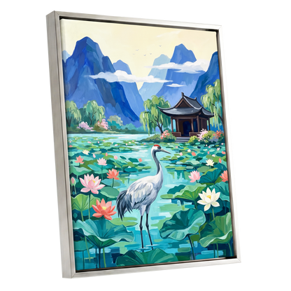 Crane Among Lotus Blooms, blue, green, pink nature wall art shown as a silver framed canvas wall art