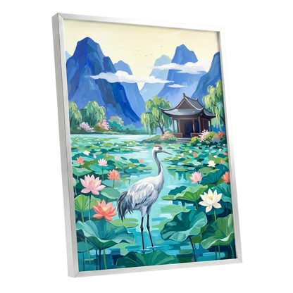 Crane Among Lotus Blooms, blue, green, pink nature wall art shown as a silver framed poster wall art print