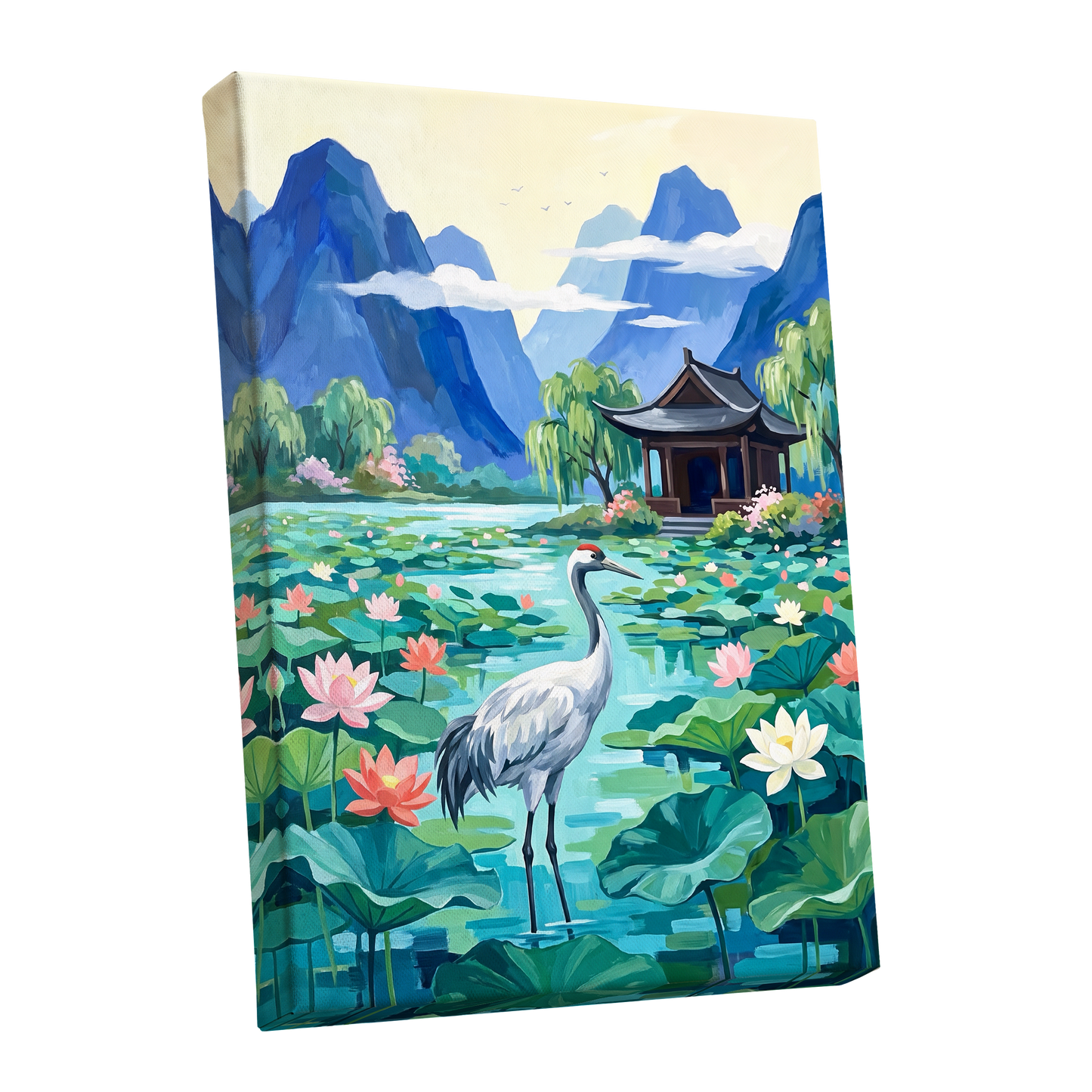 Crane Among Lotus Blooms, blue, green, pink nature wall art shown as a stretched canvas wall art