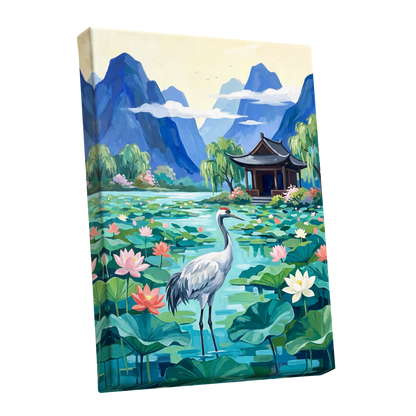 Crane Among Lotus Blooms, blue, green, pink nature wall art shown as a stretched canvas wall art
