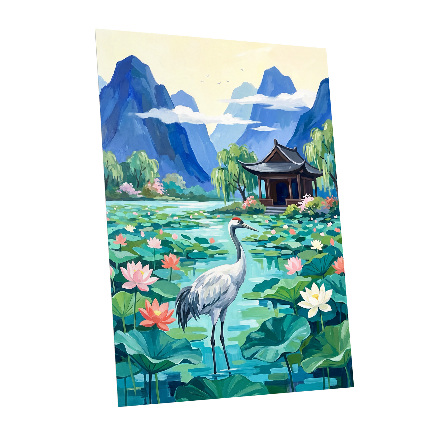 Crane Among Lotus Blooms, blue, green, pink nature wall art shown as a unframed poster wall art print