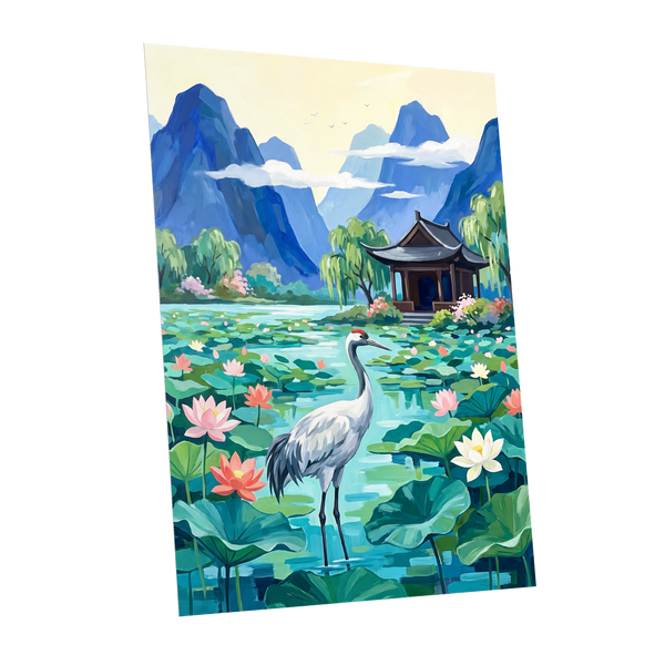 Crane Among Lotus Blooms, blue, green, pink nature wall art shown as a unframed poster wall art print