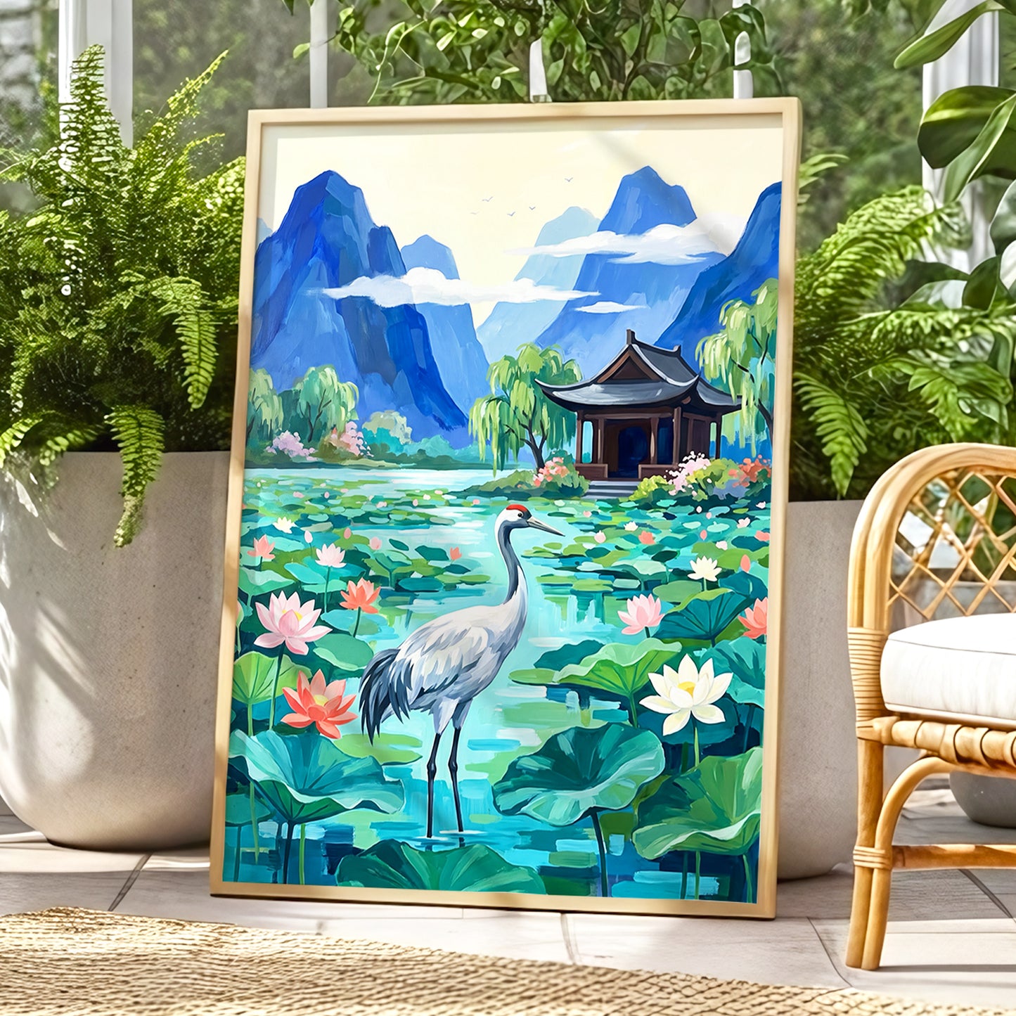 Crane Among Lotus Blooms, blue, green, pink nature wall art displayed in a styled interior, gallery view 2