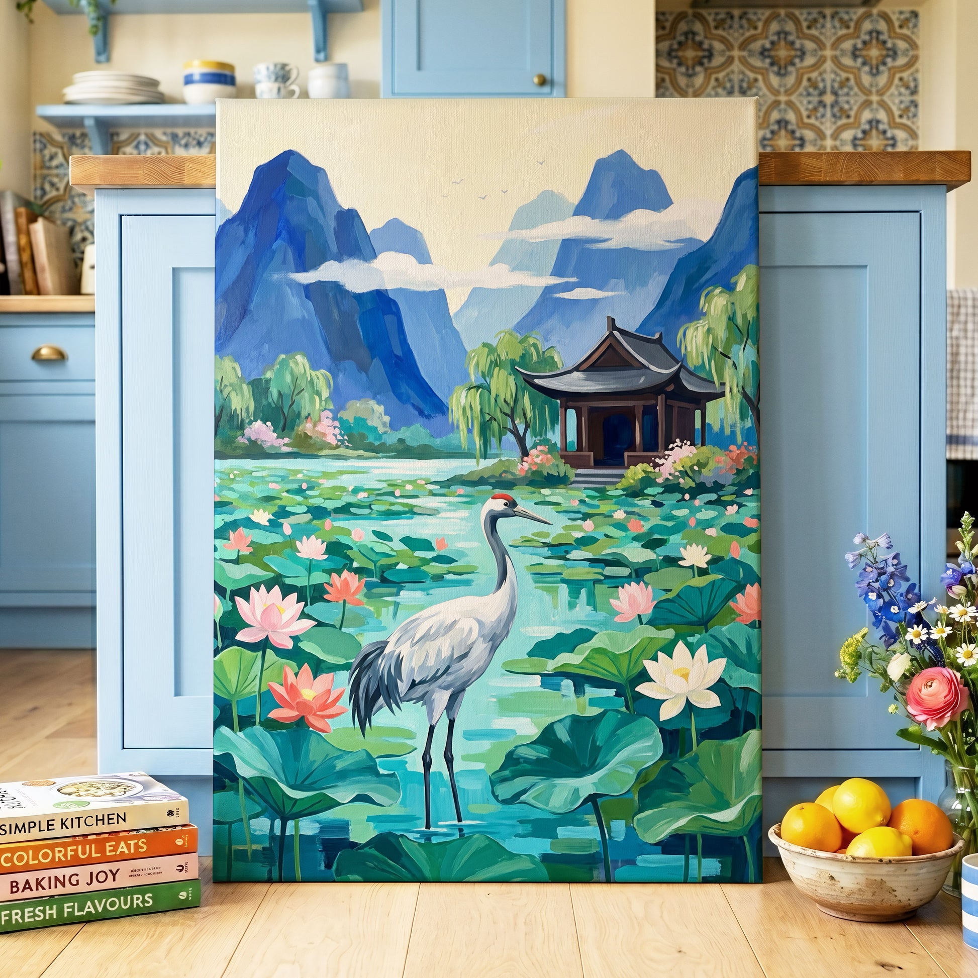 Crane Among Lotus Blooms, blue, green, pink nature wall art displayed in a styled interior, gallery view 3