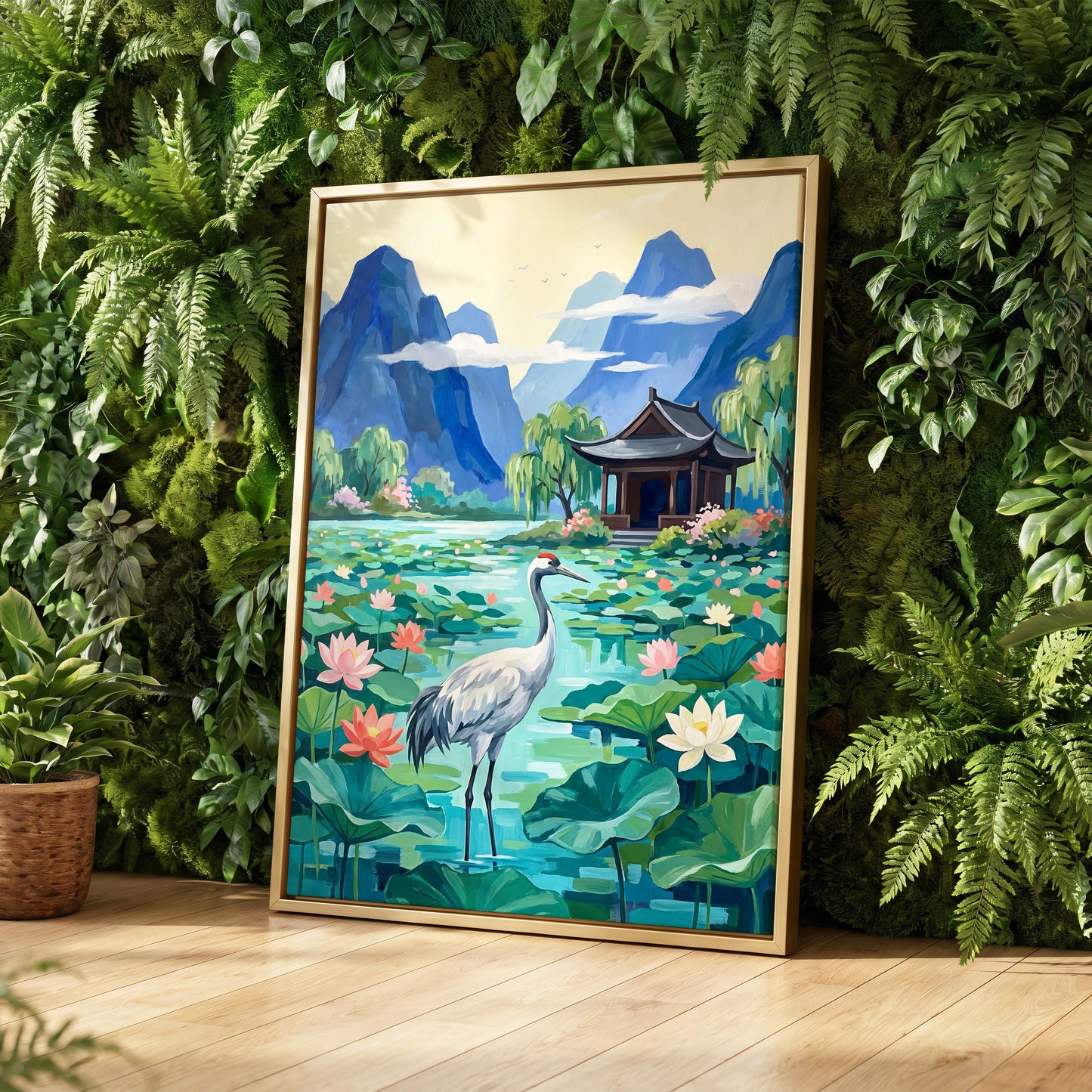 Crane Among Lotus Blooms, blue, green, pink nature wall art displayed in a styled interior, gallery view 4