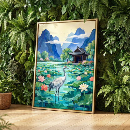 Crane Among Lotus Blooms, blue, green, pink nature wall art displayed in a styled interior, gallery view 4