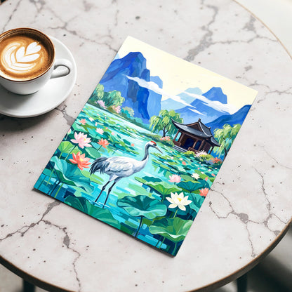 Crane Among Lotus Blooms, blue, green, pink nature wall art displayed in a styled interior, gallery view 5