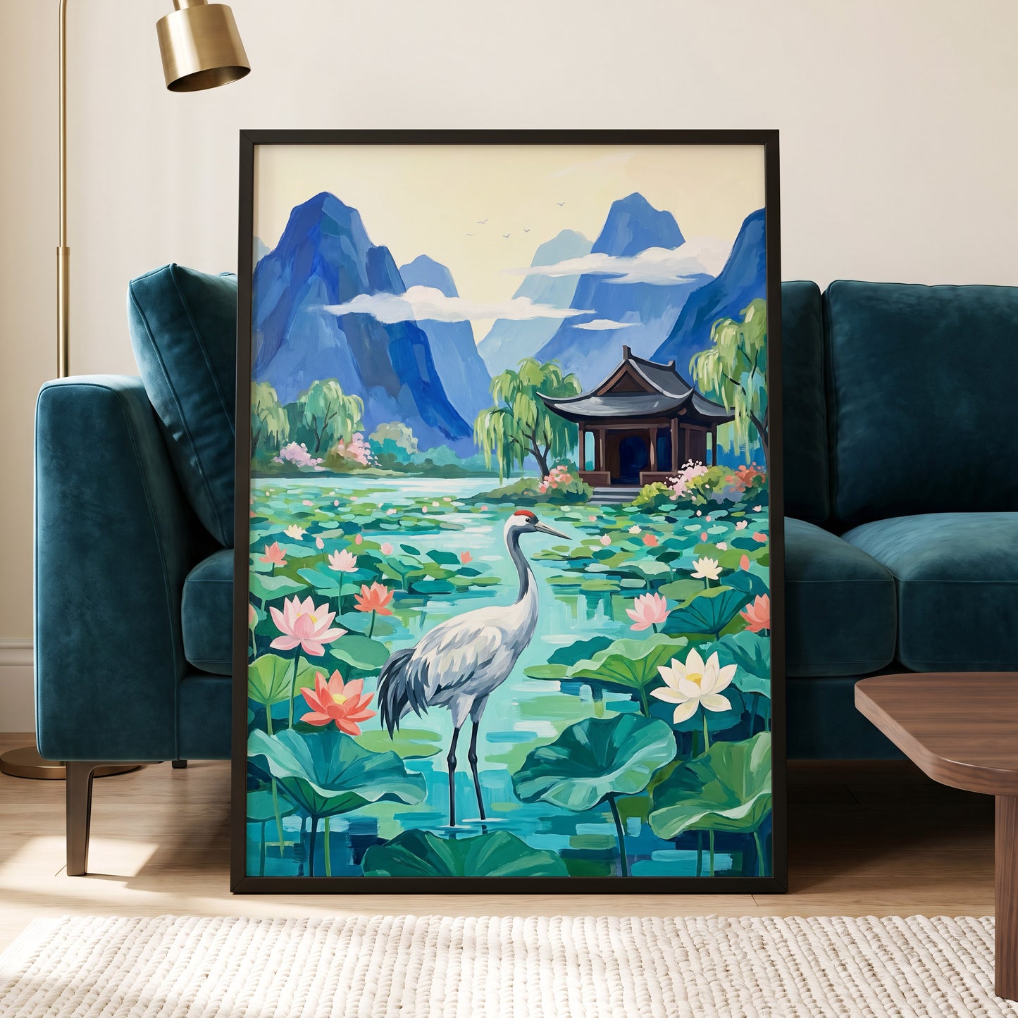 Crane Among Lotus Blooms, blue, green, pink nature wall art displayed in a styled interior, gallery view 6