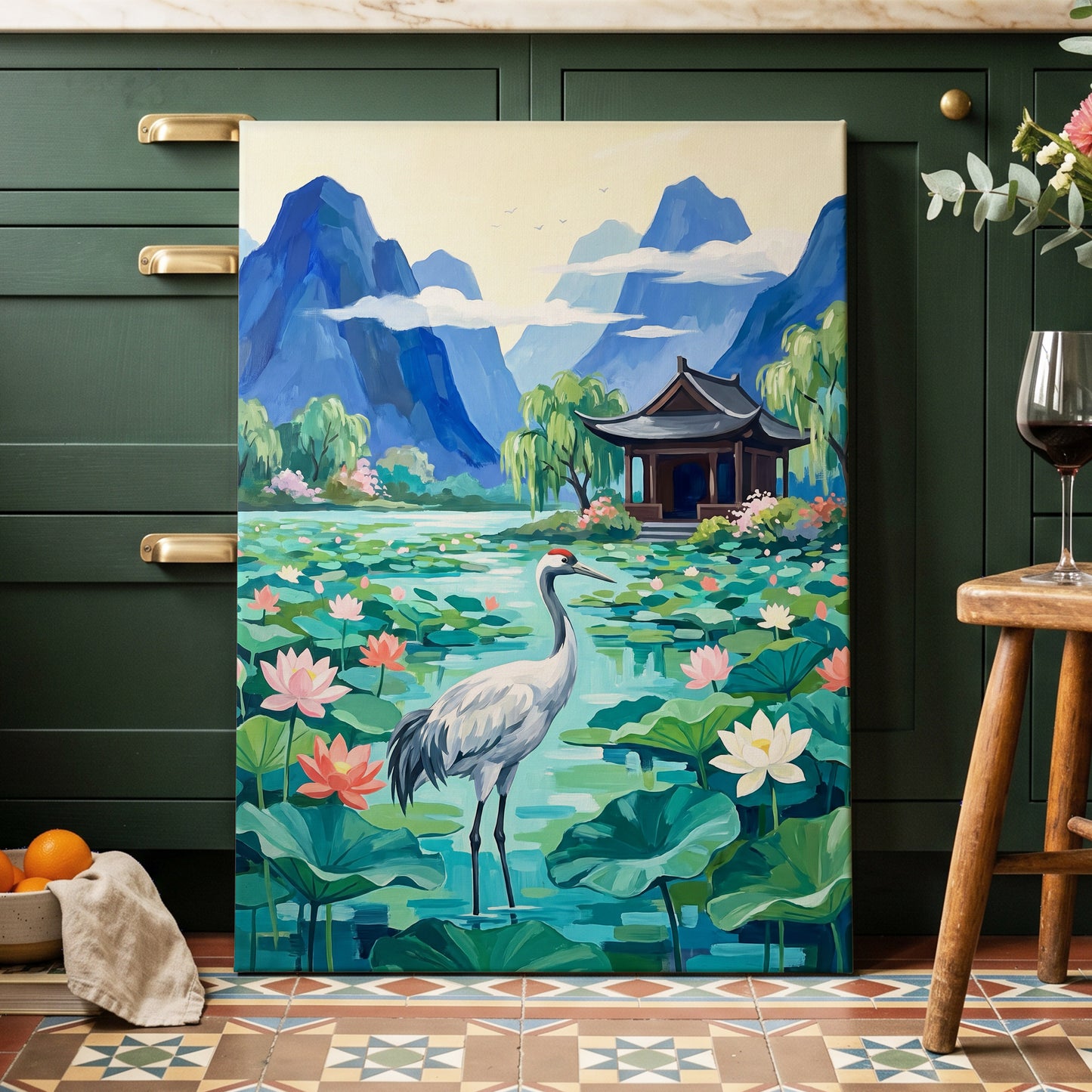 Crane Among Lotus Blooms, blue, green, pink nature wall art displayed in a styled interior, gallery view 7