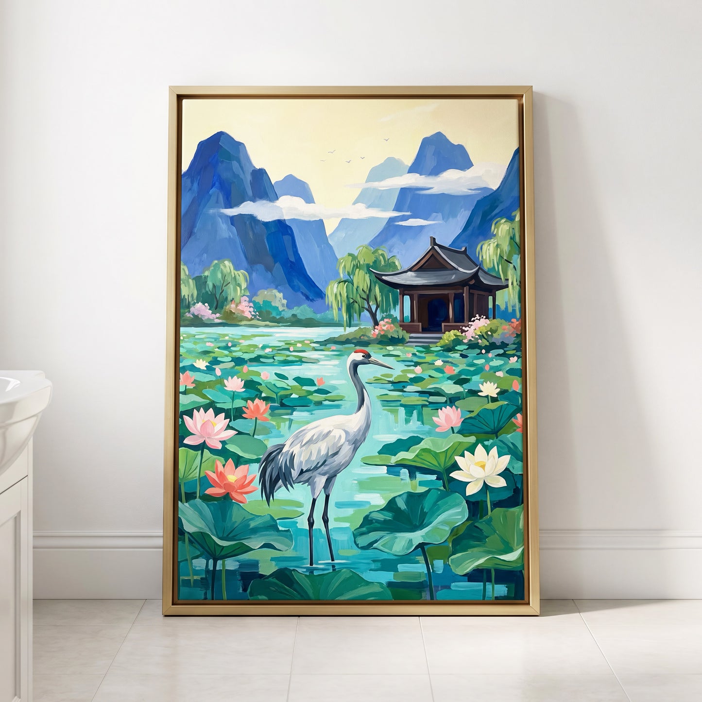 Crane Among Lotus Blooms, blue, green, pink nature wall art displayed in a styled interior, gallery view 8