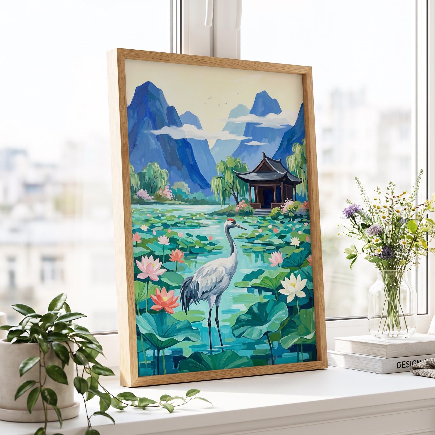 Crane Among Lotus Blooms, blue, green, pink nature wall art displayed in a styled interior, gallery view 9