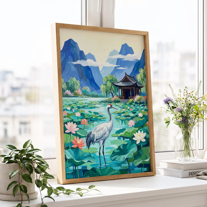 Crane Among Lotus Blooms, blue, green, pink nature wall art displayed in a styled interior, gallery view 9