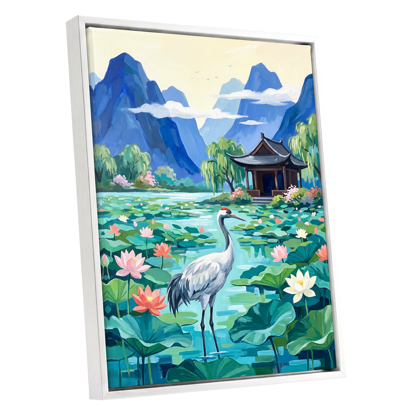 Crane Among Lotus Blooms, blue, green, pink nature wall art shown as a white framed canvas wall art