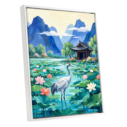 Crane Among Lotus Blooms, blue, green, pink nature wall art shown as a white framed canvas wall art