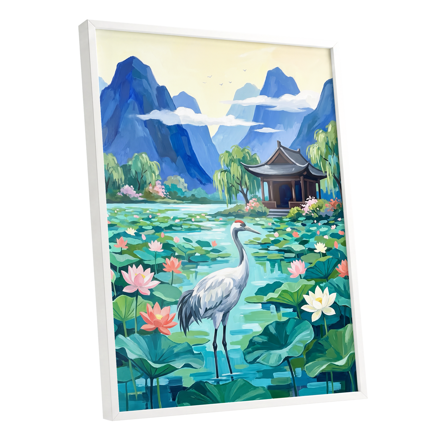 Crane Among Lotus Blooms, blue, green, pink nature wall art shown as a white framed poster wall art print
