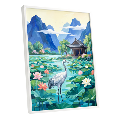 Crane Among Lotus Blooms, blue, green, pink nature wall art shown as a white framed poster wall art print
