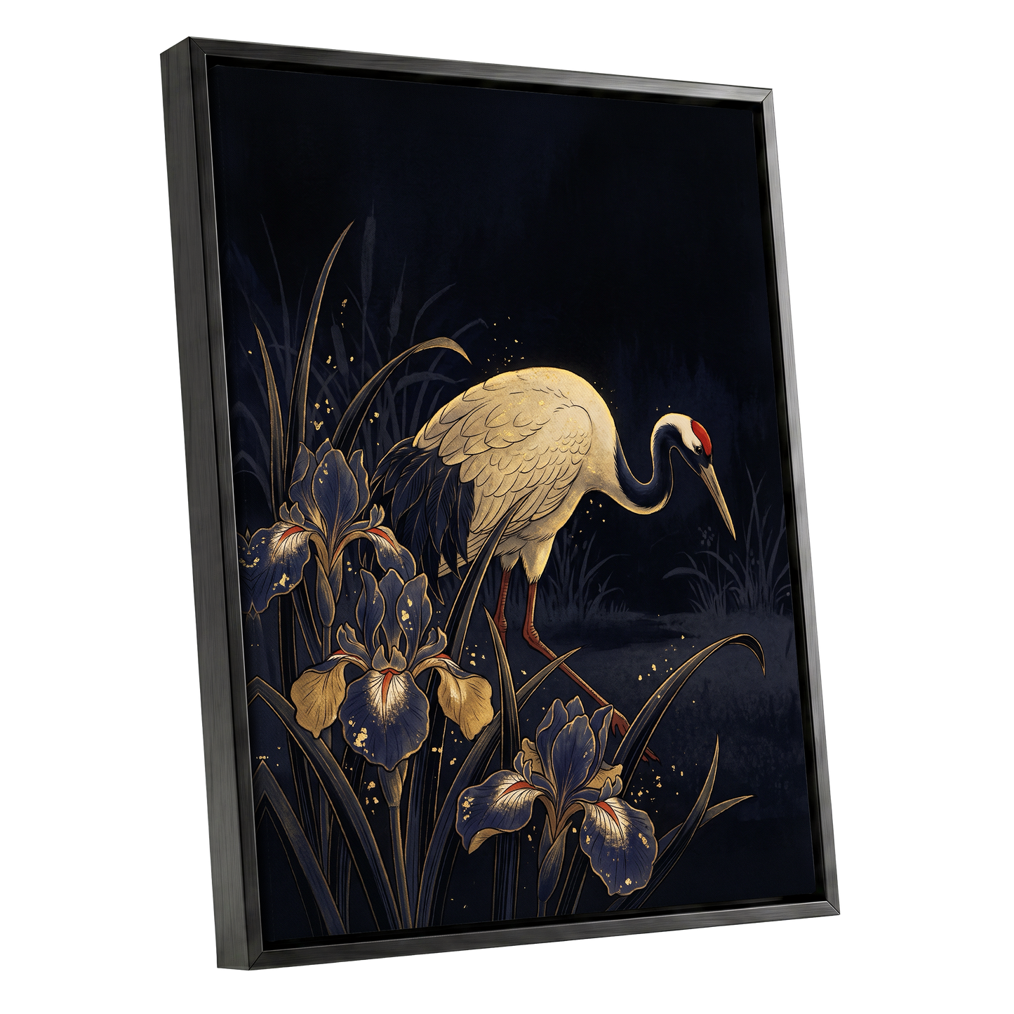 Crane Among Midnight Irises, black, blue, beige nature wall art shown as a black framed canvas wall art