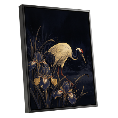 Crane Among Midnight Irises, black, blue, beige nature wall art shown as a black framed canvas wall art