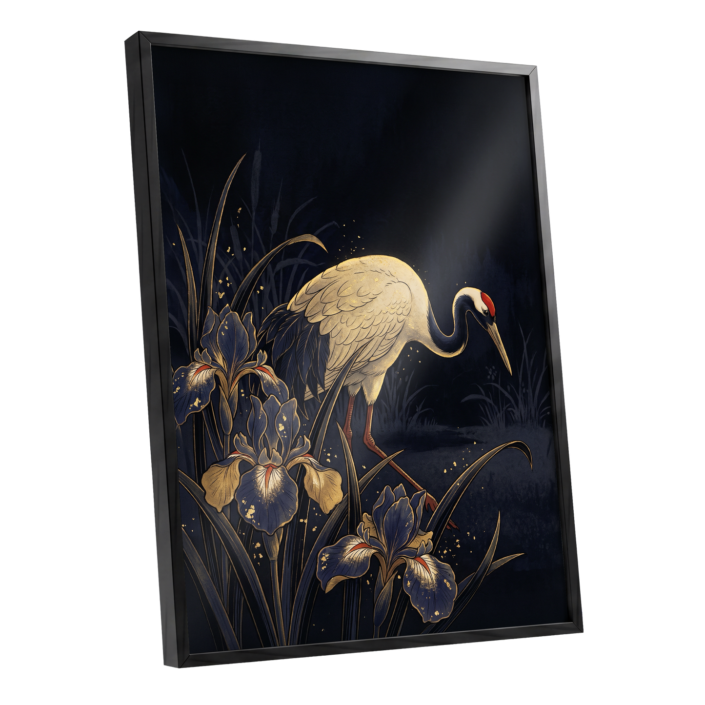 Crane Among Midnight Irises, black, blue, beige nature wall art shown as a black framed poster wall art print