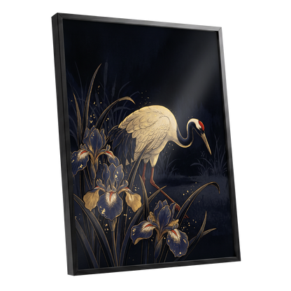 Crane Among Midnight Irises, black, blue, beige nature wall art shown as a black framed poster wall art print
