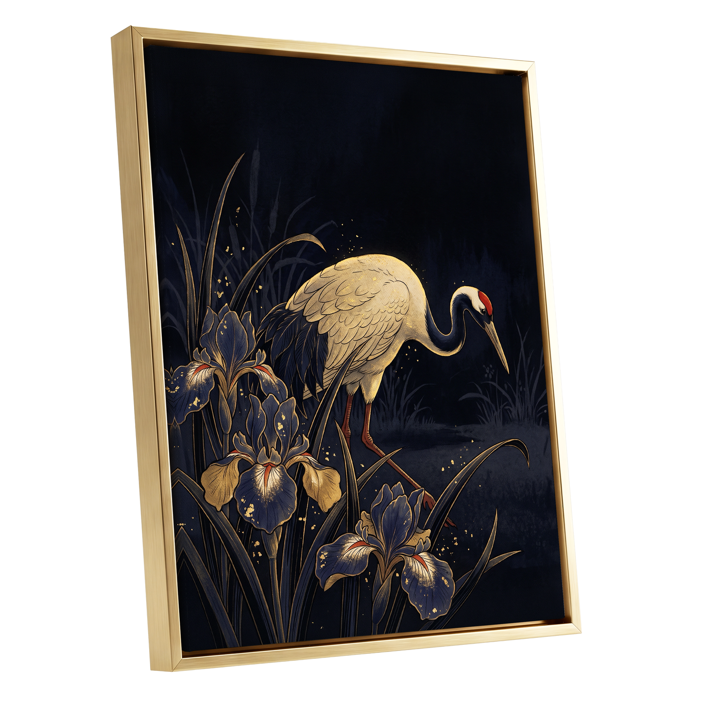 Crane Among Midnight Irises, black, blue, beige nature wall art shown as a gold framed canvas wall art