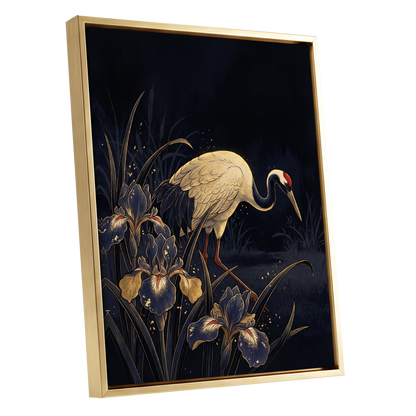 Crane Among Midnight Irises, black, blue, beige nature wall art shown as a gold framed canvas wall art