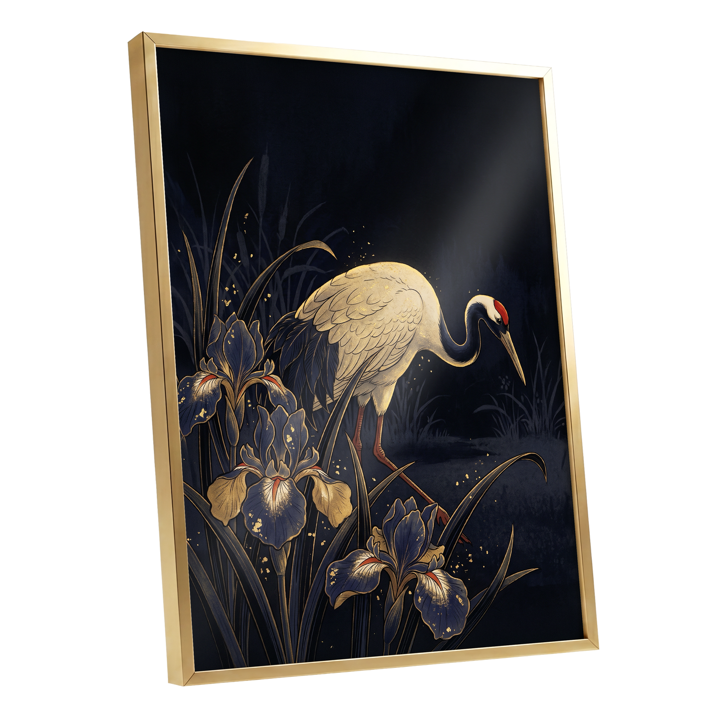 Crane Among Midnight Irises, black, blue, beige nature wall art shown as a gold framed poster wall art print
