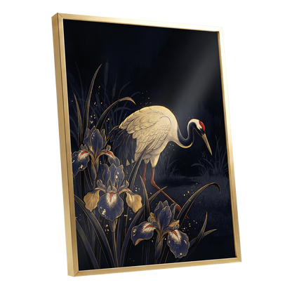 Crane Among Midnight Irises, black, blue, beige nature wall art shown as a gold framed poster wall art print