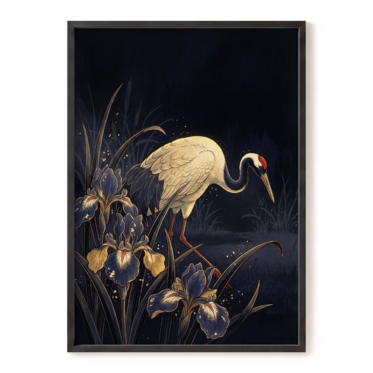 Crane Among Midnight Irises, black, blue, beige nature wall art, front artwork view