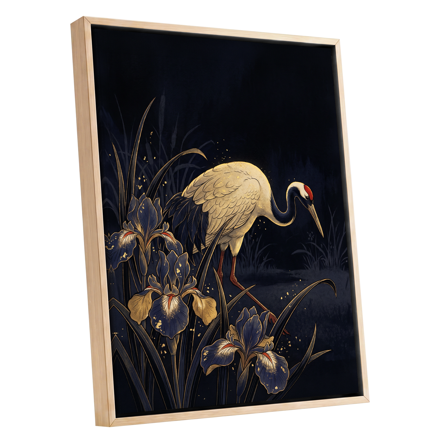 Crane Among Midnight Irises, black, blue, beige nature wall art shown as a oak framed canvas wall art