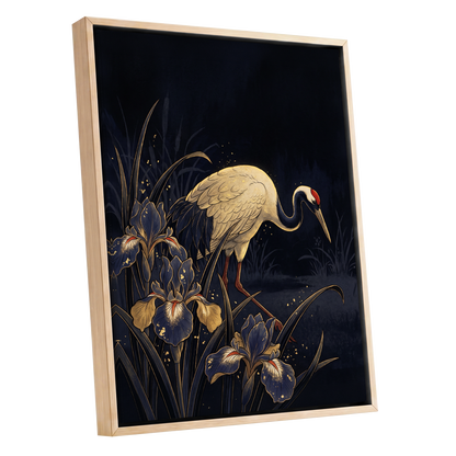 Crane Among Midnight Irises, black, blue, beige nature wall art shown as a oak framed canvas wall art