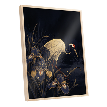 Crane Among Midnight Irises, black, blue, beige nature wall art shown as a oak framed poster wall art print