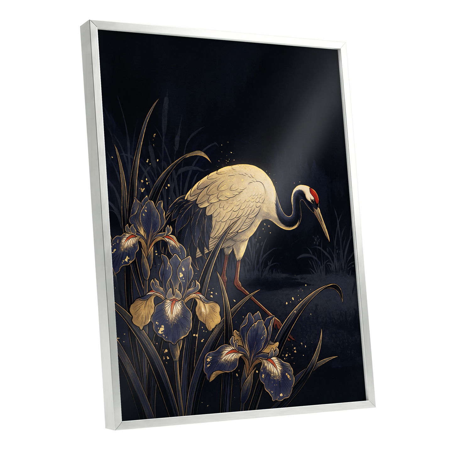 Crane Among Midnight Irises, black, blue, beige nature wall art shown as a silver framed poster wall art print