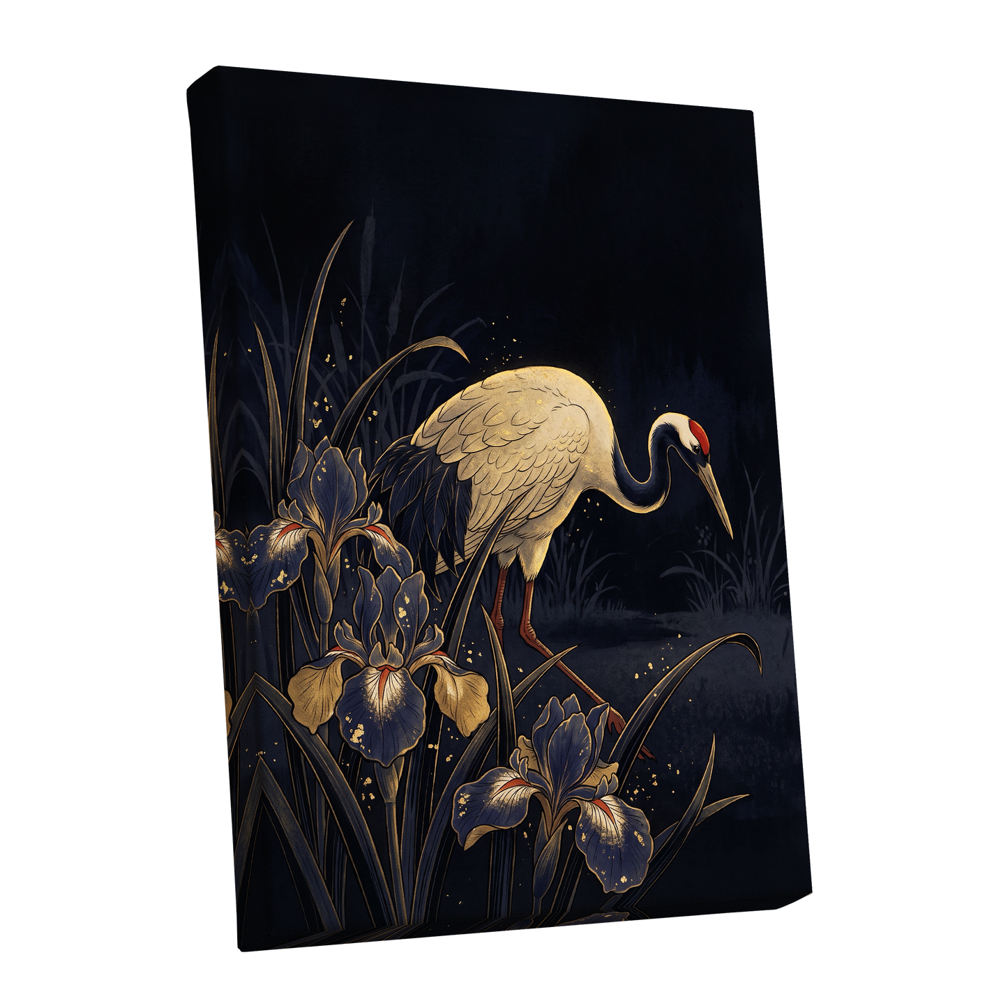 Crane Among Midnight Irises, black, blue, beige nature wall art shown as a stretched canvas wall art
