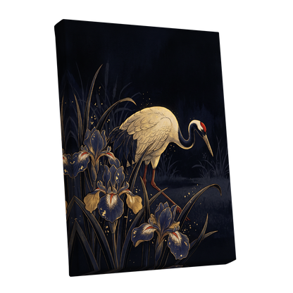 Crane Among Midnight Irises, black, blue, beige nature wall art shown as a stretched canvas wall art