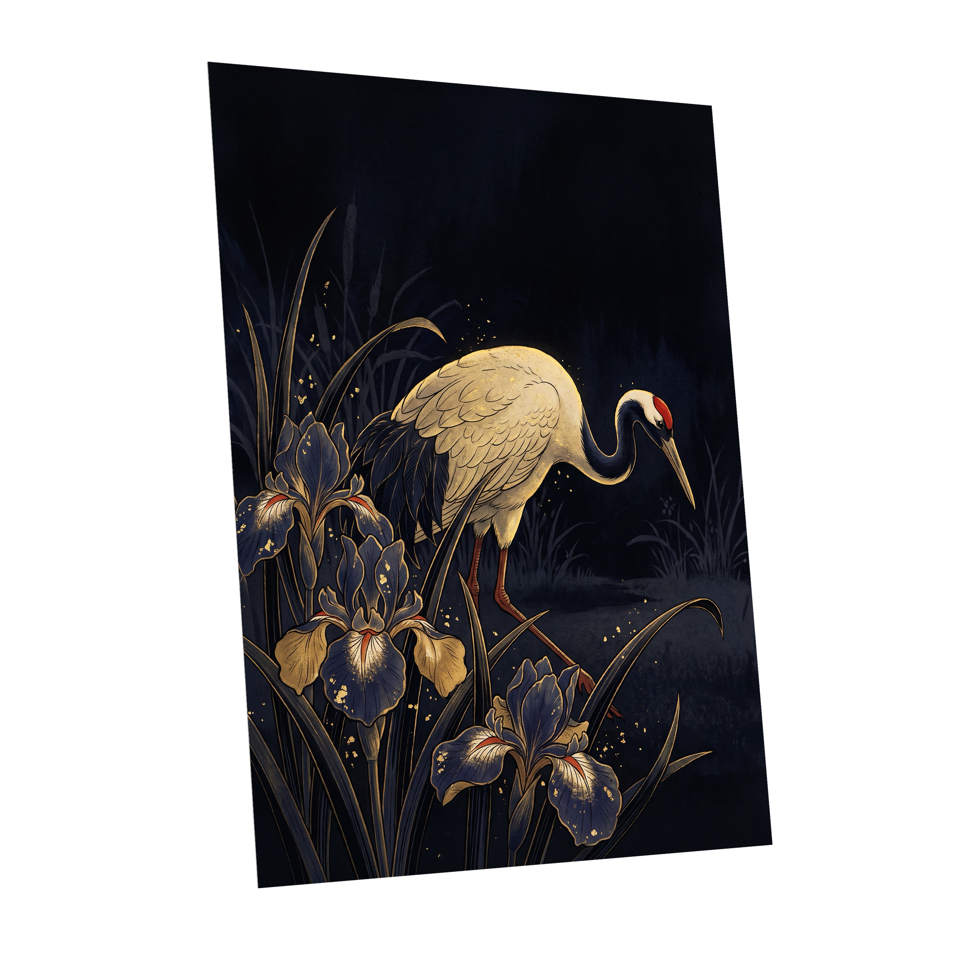 Crane Among Midnight Irises, black, blue, beige nature wall art shown as a unframed poster wall art print