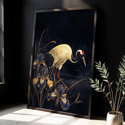 Crane Among Midnight Irises, black, blue, beige nature wall art displayed in a styled interior, gallery view 2