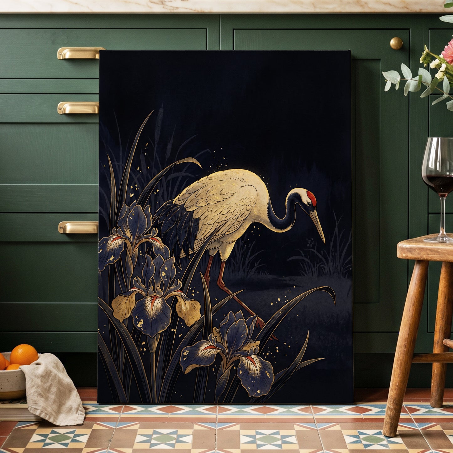 Crane Among Midnight Irises, black, blue, beige nature wall art displayed in a styled interior, gallery view 3