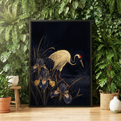 Crane Among Midnight Irises, black, blue, beige nature wall art displayed in a styled interior, gallery view 4