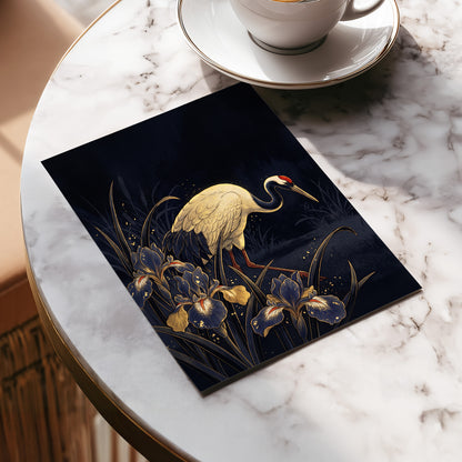 Crane Among Midnight Irises, black, blue, beige nature wall art displayed in a styled interior, gallery view 5