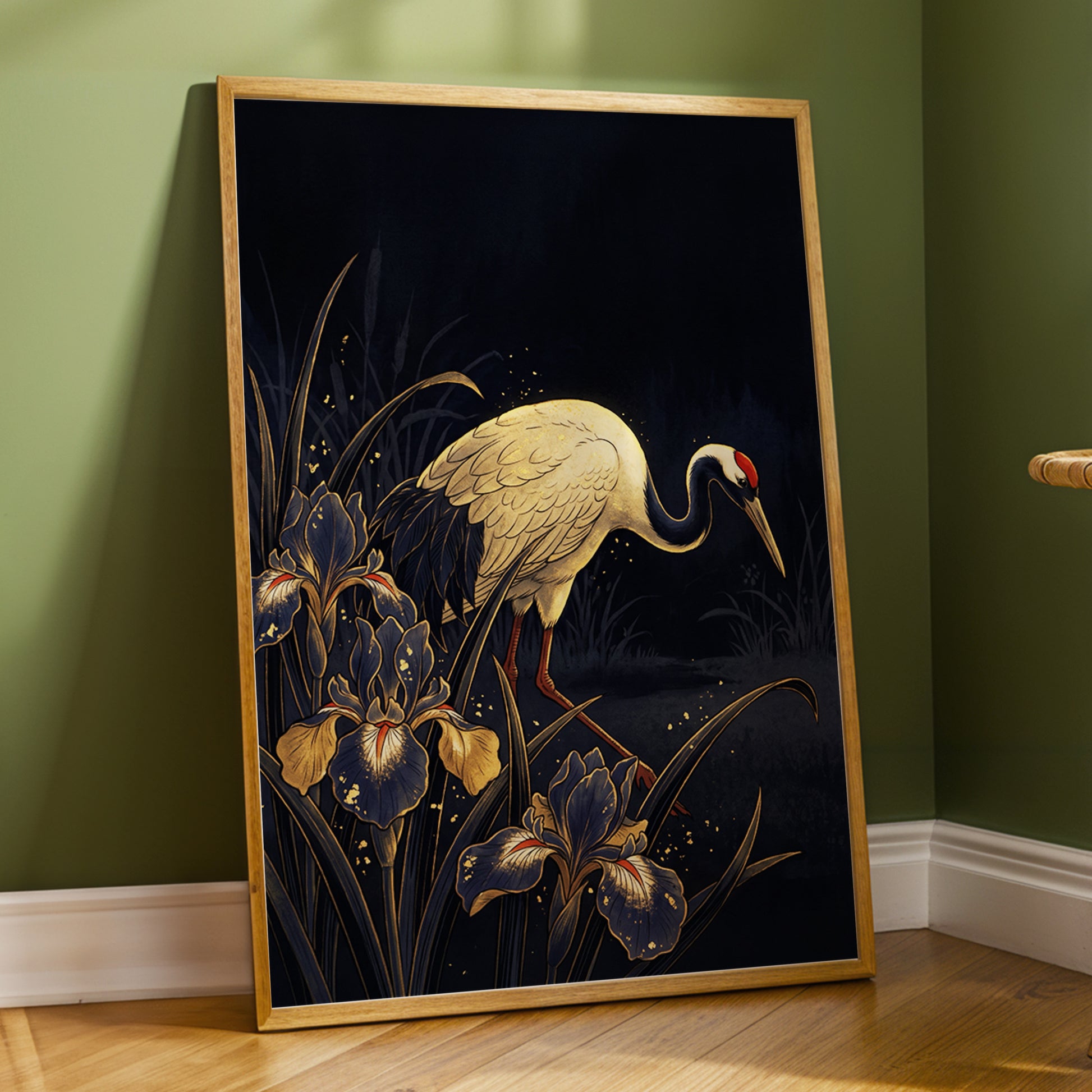 Crane Among Midnight Irises, black, blue, beige nature wall art displayed in a styled interior, gallery view 6