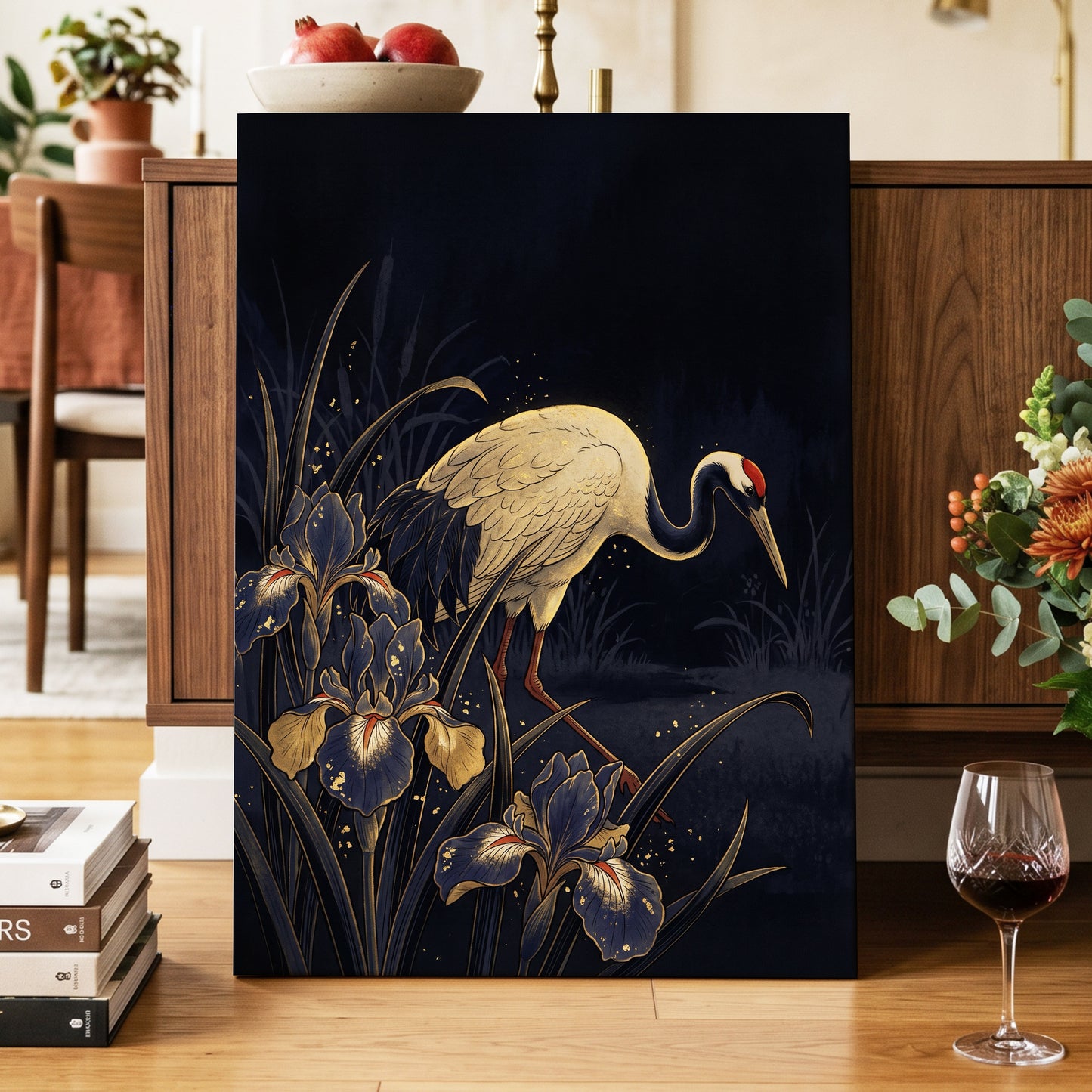 Crane Among Midnight Irises, black, blue, beige nature wall art displayed in a styled interior, gallery view 7
