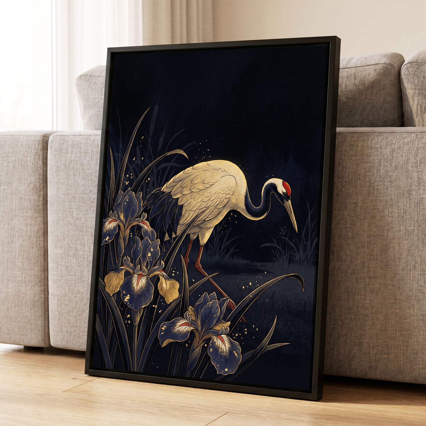 Crane Among Midnight Irises, black, blue, beige nature wall art displayed in a styled interior, gallery view 8