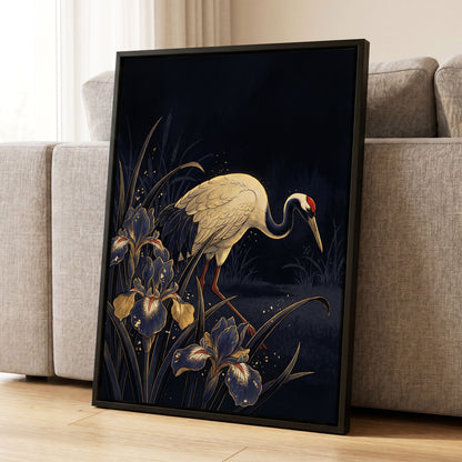Crane Among Midnight Irises, black, blue, beige nature wall art displayed in a styled interior, gallery view 8