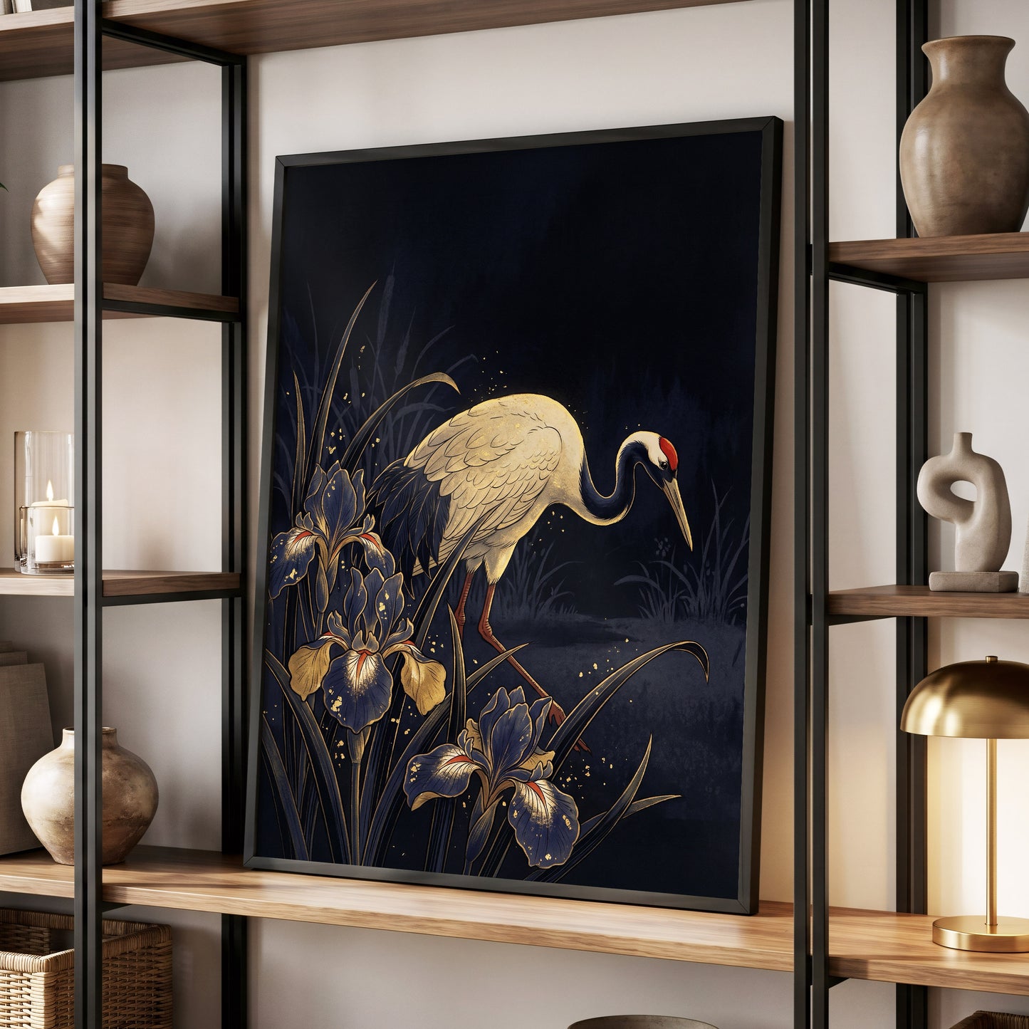 Crane Among Midnight Irises, black, blue, beige nature wall art displayed in a styled interior, gallery view 9