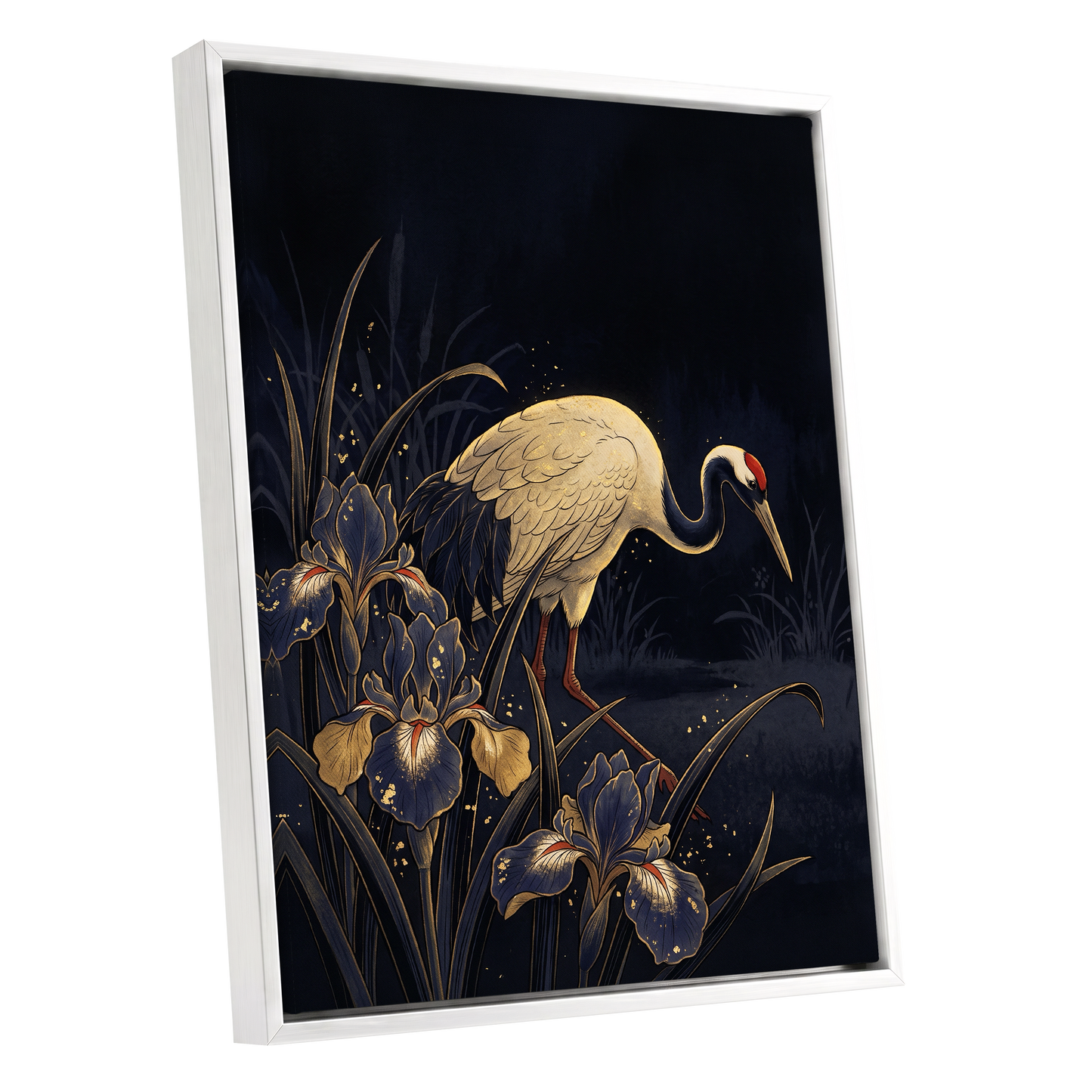 Crane Among Midnight Irises, black, blue, beige nature wall art shown as a white framed canvas wall art