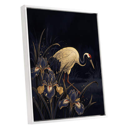 Crane Among Midnight Irises, black, blue, beige nature wall art shown as a white framed canvas wall art
